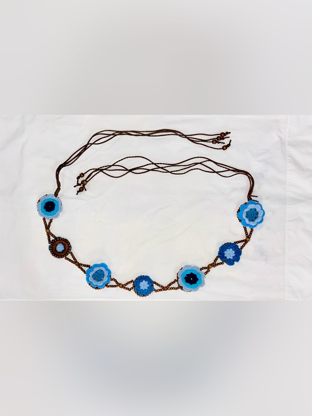 Handmade Boho Crochet Flower Waist Belt Blue Floral Hippie Festival Tie Belt
